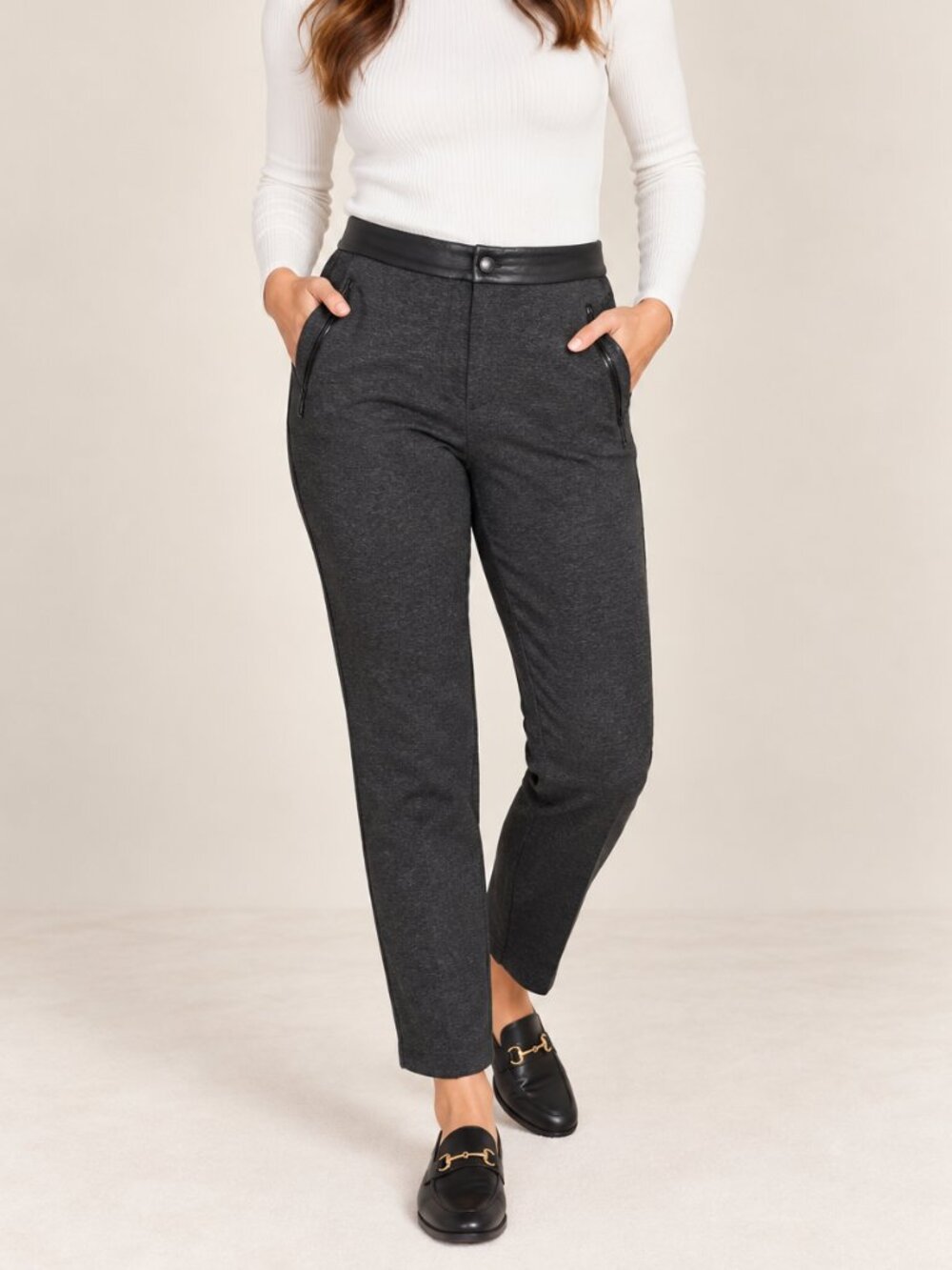 BRAX – Charcoal stretch skinny pants with faux leather waistband | Size 29 *